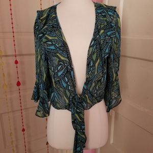 Bisou Bisou Y2K Sheer Tie‑Front Mesh Crop Top Cover Blue Green Size L